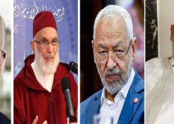عبد الإله بنكيران (يمينا) ومحمد العبادي، يتوسط، رشيد العنوشي، وإبراهيم منير(يسارا)