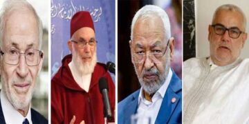 عبد الإله بنكيران (يمينا) ومحمد العبادي، يتوسط، رشيد العنوشي، وإبراهيم منير(يسارا)
